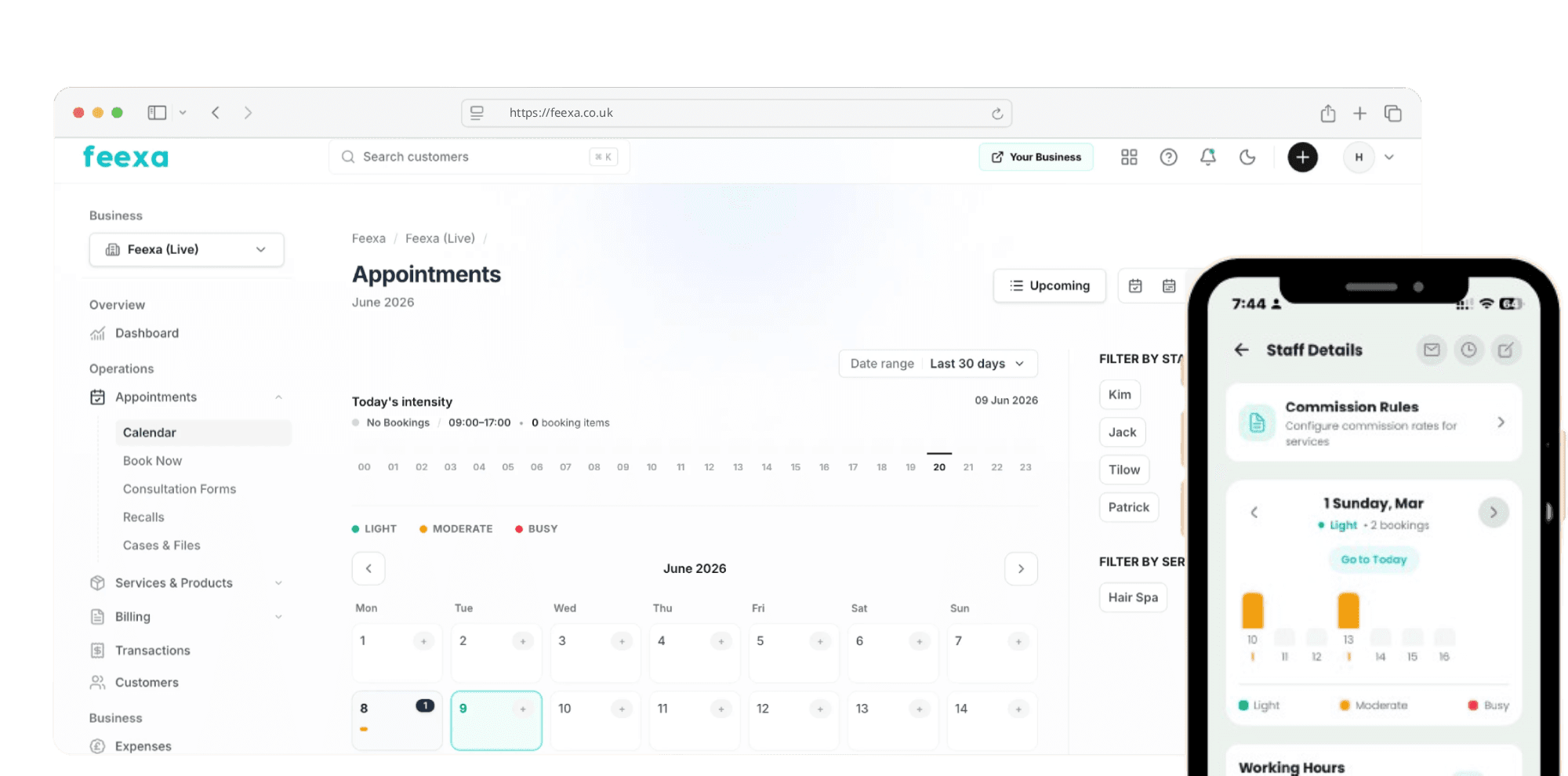 Feexa calendar and appointments dashboard
